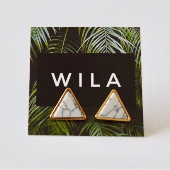 White Marble Triangle Gold Earrings - Picture 1 of 7